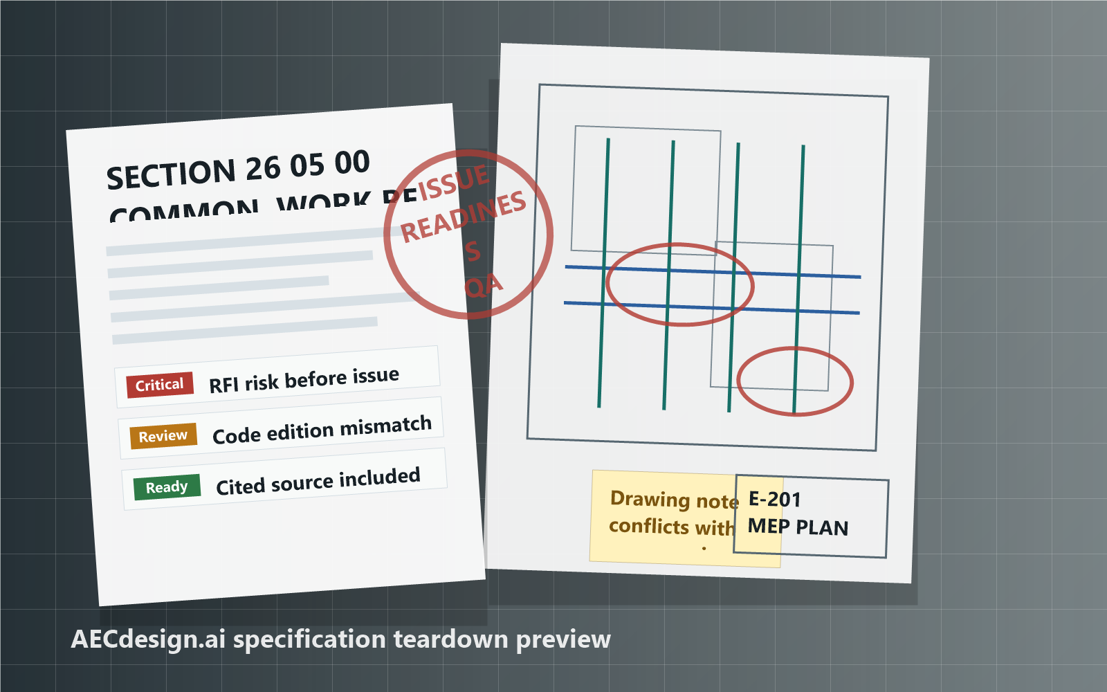 Illustrative AECdesign.ai review output: a marked-up specification section flagged for issue readiness beside an E-201 drawing with redlined conflicts and Critical, Review, and Ready status tags.